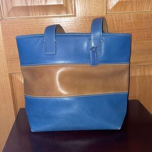 Coach purse; leather; blue and brown; inner pocket with zipper; good condition